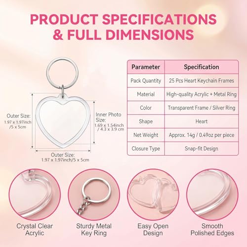 25Pcs Acrylic Clear Photo Keychain, Heart Shape Double Sided Picture Frame Key Ring, Blank DIY Personalized Photo Key Fob Holder with Split Ring for Gift & Memorial Use