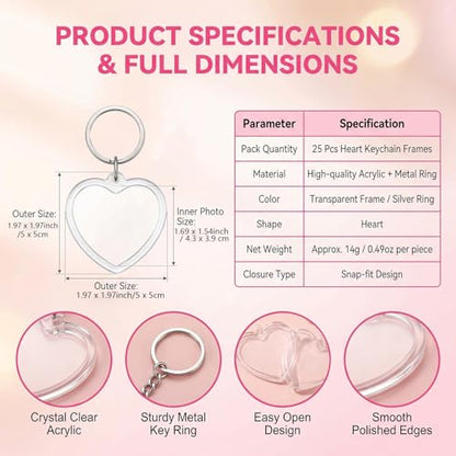 25Pcs Acrylic Clear Photo Keychain, Heart Shape Double Sided Picture Frame Key Ring, Blank DIY Personalized Photo Key Fob Holder with Split Ring for Gift & Memorial Use