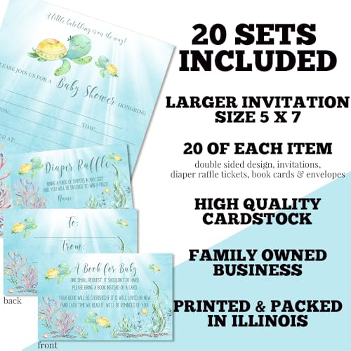 Amanda Creation Sea Turtle Baby Shower Invitations, 20 Pack 5x7 Under the Sea Kit with Diaper Raffle, Book Request Cards & Envelopes - style: Sea Turtle