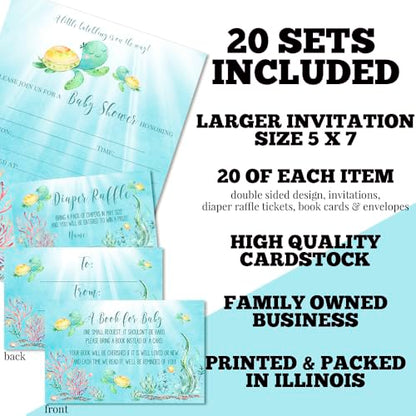 Amanda Creation Sea Turtle Baby Shower Invitations, 20 Pack 5x7 Under the Sea Kit with Diaper Raffle, Book Request Cards & Envelopes - style: Sea Turtle