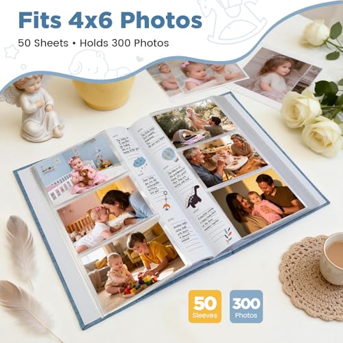 Baby Photo Album 4x6 300 Pockets with Memo Area, Photo Stickers & Hand and Footprint Kit, Linen Cover Baby Memory Book with Front Window, First Year Keepsake for Newborn Boy Girl - color: Blue