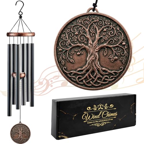 Tree of Life Wind Chimes for Outside, 32" Deep Tone Memorial Wind Chime | 6 black metal tubes create deep tones, ready to hang on patio, porch or garden, suitable for memorial and sympathy gifting