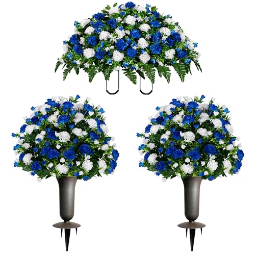 Sympathy Silks Artificial Cemetery Flowers - Gravesite Memorial Arrangment - Blue & White Garden Mums - (1) Saddle (2) Bouquets (2) Vases - color: Blue & White, size: (1) Saddle (2) Bouquets (2) Vases