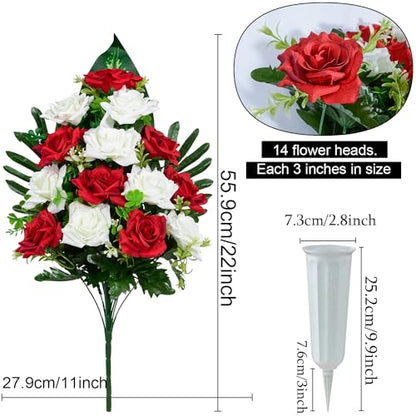 XONOR Artificial Cemetery Flowers, Memorial Rose Flowers Grave Decoration Flower Bouquets with Vase for Cemetery Graveyard Headstones Decor, Set of 2 (Red&White)