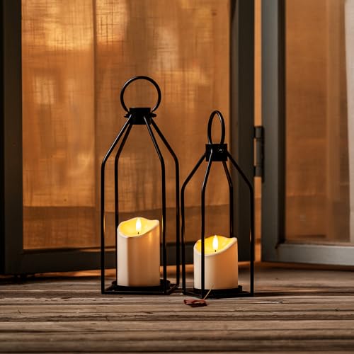Homemory Modern Farmhouse Black Metal Lanterns 2PCS with Flameless Candle - color: Black