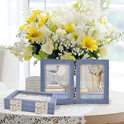 Collage Picture Photo Frames - 3.5x5, Triple Hinged 2 Desk Picture Frame, Wooden Desk Tabletop Family Photo Frame with Glass Opening, Decorative Folding Trifold Picture Frame Stand Vertical, Blue - style: Collage Blue 2-Fold,3×3.5"