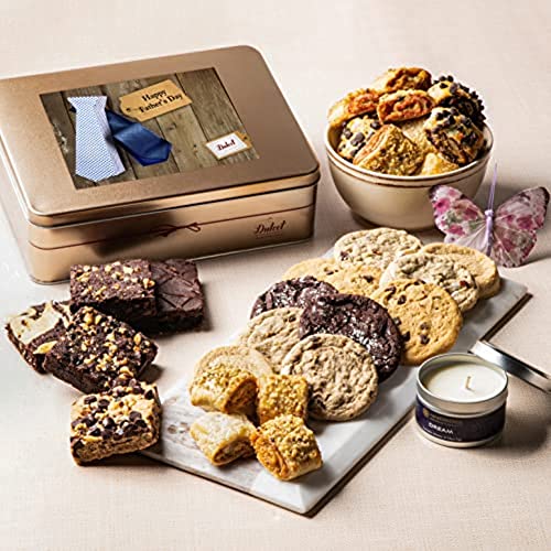 Dulcet Gift Baskets Happy Fathers Day Aroma Therapy Candle Gift Box ‘Classic Tin Treats Within’ Featuring a Variety of Brownies and Cookies Great Gift Idea for Dad, Granpa or Boyfriend - color: Fathers Day
