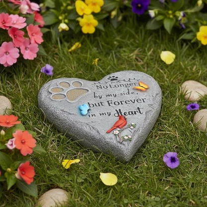 Pet Memorial Stone for Cats Dog Remembrance Gift with Paw Print | Pet Grave Markers Heart-Shaped Resin Dog Loss Sympathy Gift 6 inch with Cardinal and Butterfly