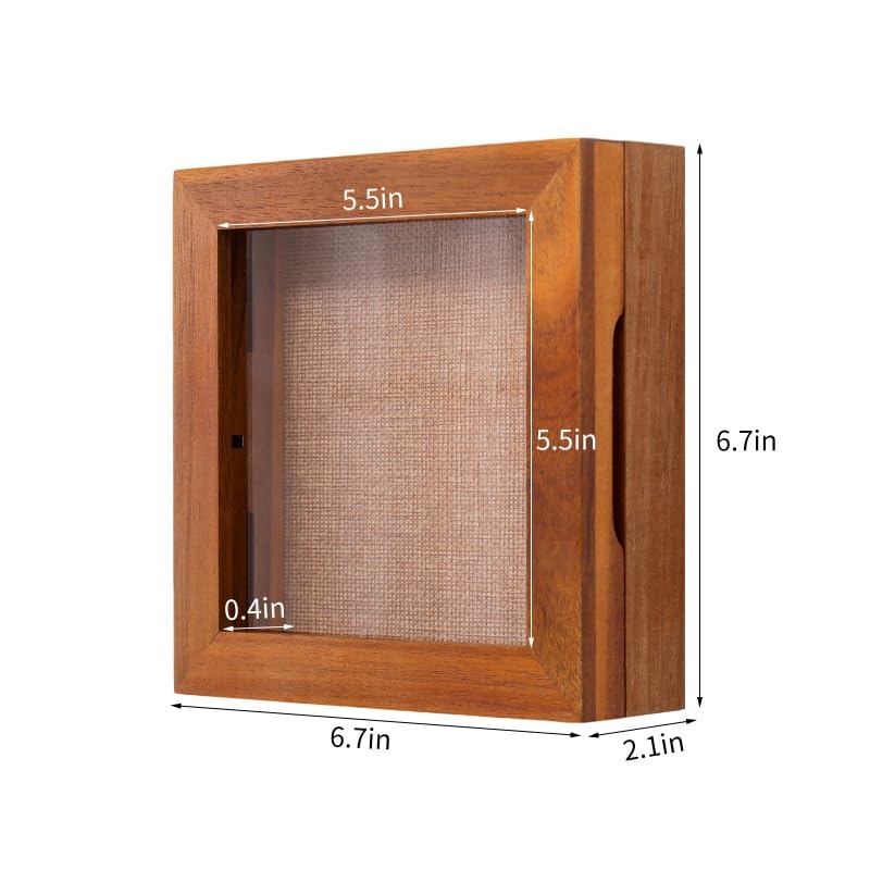 6x6 Small Shadow Box Frame, Acacia Wood Keepsake Display Case, Brown | Solid acacia wood, clear acrylic front, linen pin board, mini display case for photos, pins, coins, flowers and keepsakes - size: 6x6