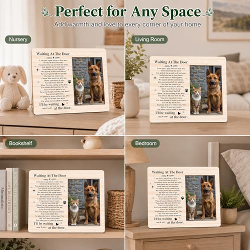 Pet Dog Cat Memorial Photo Frame - Waiting At The Door Dogs Wooden Tabletop Picture Frame - Sympathy Memorial Gifts For Loss Of Dog Cat Owner - In Loving Memory Rustic Frames Favors -02 - style: Rustic