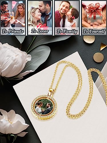PiercingJ Customized Double-Side Photo Necklace Custom Picture Pendant Chain Personalized Cubic Zirconia Hip Hop Jewelry Gift for Men Women with Gift Box - color: Gold-Round-1PC