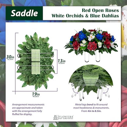 Sympathy Silks - Artificial Flowers for Cemeteries - Red Open Roses, White Orchids, and Blue Dahlias - (1) Headstone Saddle