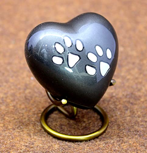 eSplanade Brass Mini Cremation Urn Heart-Shaped Keepsake Memorial Jar Pot Container | Small Urn for Funeral Ashes Burial | Paws Engraved Metal Keepsake with Stand | Black - 2.75" Inches