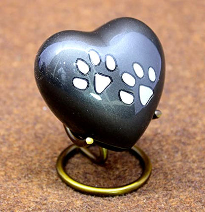 eSplanade Brass Mini Cremation Urn Heart-Shaped Keepsake Memorial Jar Pot Container | Small Urn for Funeral Ashes Burial | Paws Engraved Metal Keepsake with Stand | Black - 2.75" Inches