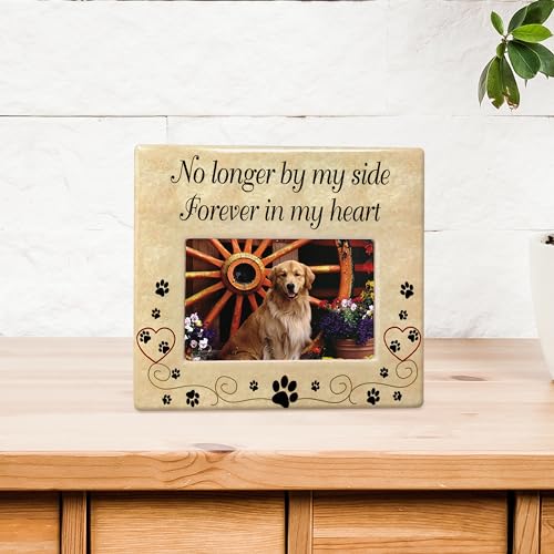 Pet Memorial Picture Frame, Ceramic Pet Loss Gift with Sympathy Quote “No Longer By My Side Forever In My Heart” – Dog & Cat Memorial Photo Frame for Rainbow Bridge Remembrance – 8” x 7.25” - size: 1 pack