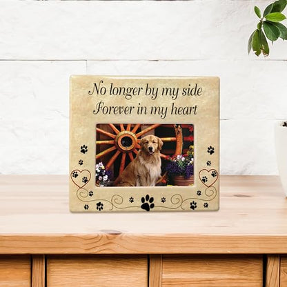 Pet Memorial Picture Frame Set of 2, Ceramic Dog & Cat Memorial Photo Frames 4x6, Pet Loss Sympathy Gift, “No Longer By My Side Forever In My Heart” Bereavement Keepsake for Loss of Dog or Cat - size: 2 pack