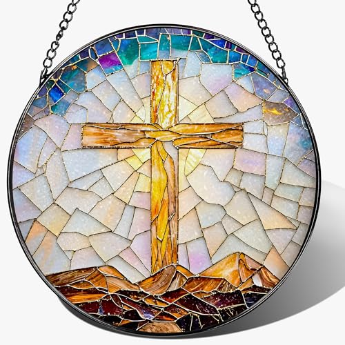 8-Inch Catholic Cross Stained Glass Suncatcher, Stained Glass Window Hanging, Religious Ornament, Christian Home Decor, Sun Catcher Window Decor — Gift for Christmas, Christian Gifts, Religious Gifts - color: Cross-a