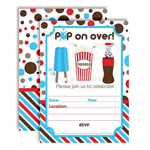 Pop On Over Soda and Popcorn Birthday Party Invitations, 20 5x7 Fill In Cards with Twenty White Envelopes by AmandaCreation - style: Pop On Over Soda and Popcorn