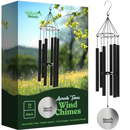 Nature’s Melody Aureole Tunes Wind Chimes – Outdoor Windchime with 6 Tubes Tuned to B Pentatonic Scale, 100% Rustproof Aluminum, Powder Finish & S Hook Hanger for Sympathy, Memorial Gift or Zen Garden - color: Black, size: 28"