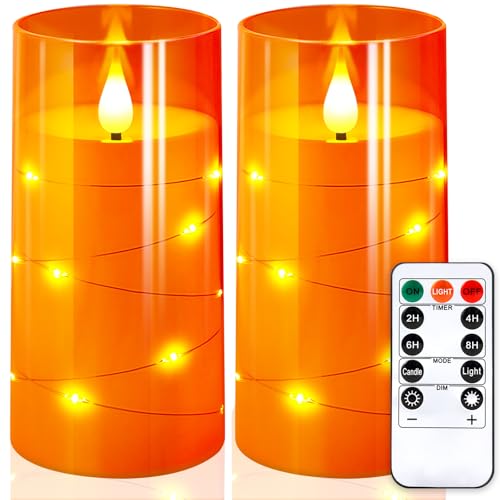 NURADA 3"x6"Flickering Flameless Candles: Built-in Star String Lights 3D Wick Battery Operated LED Pillar Candles with Remote and Timer for Halloween Thanksgiving Dinner Tables Home Fall Decor Orange - color: Orange, size: 6-6 inches