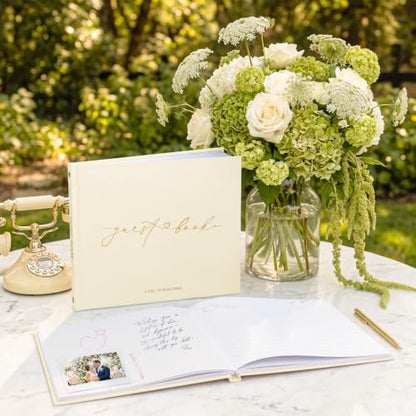 Wedding Guest Book, Polaroid Photo Guestbook for Baby Shower | Table Sign Included, Gold Stamping, Hardcover, 9x7.5", Perfect for Bridal Party & Baby Shower, Beige - color: Beige