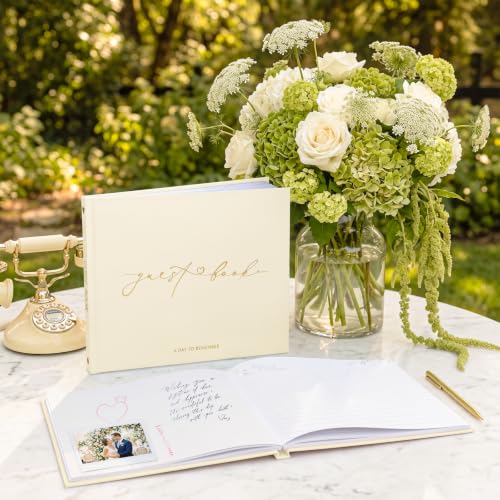 Wedding Guest Book, Polaroid Photo Guestbook for Baby Shower | Table Sign Included, Gold Stamping, Hardcover, 9x7.5", Perfect for Bridal Party & Baby Shower, Beige - color: Beige