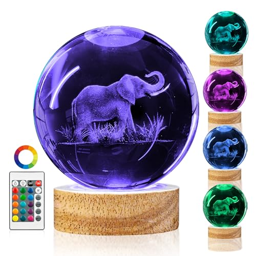 3D Crystal Ball Night Light - Elephant Glass Ball Lamp with 16 Colors & Remote Control - Upgraded 3.15 In - Perfect Gifts for Women, Men, Kids & Home Decor - color: Elephant