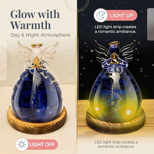 Preserved Rose Eternal Flower in Glass Angel Figurine Real Forever Rose with LED Lights Angel Gifts for Women Birthday Mother's Day Valentine's Glass Dome Blue Sapphire - color: Deep Sapphire Blue
