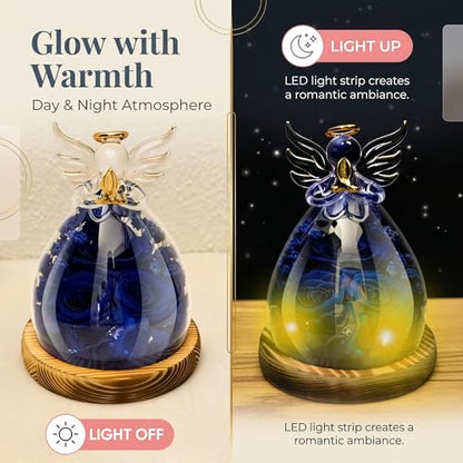 Preserved Rose Eternal Flower in Glass Angel Figurine Real Forever Rose with LED Lights Angel Gifts for Women Birthday Mother's Day Valentine's Glass Dome Blue Sapphire - color: Deep Sapphire Blue