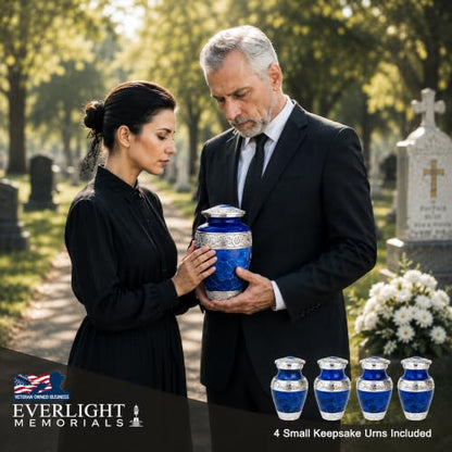 Blue Marble Cremation Urn Set for Human Ashes – Large Adult Memorial Urn with 4 Keepsake Urns, Family Sharing Urn Set, Tribute of Love and Remembrance - color: Blue