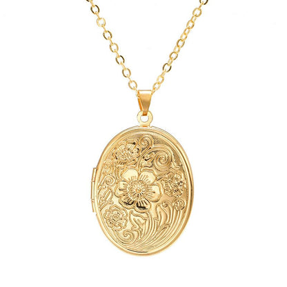Locket Picture Pendant Heart Necklace,Retro Carved Flower Relief Pattern Oval Center Necklace Souvenir Memorial Clavicle Jewelry for Women - color: gold oval