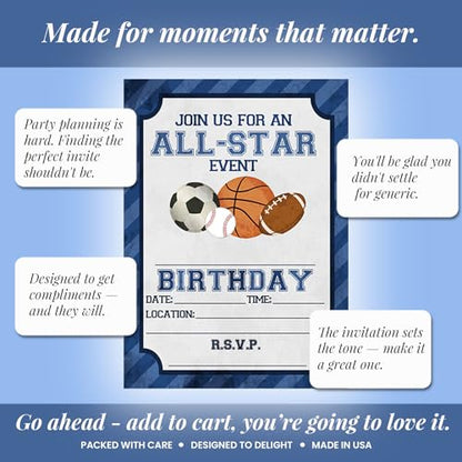 Blue All Star Sports-Themed Birthday Party Invitations for Boys, 20 5x7 Fill In Cards with Twenty White Envelopes by AmandaCreation - style: Blue All Star