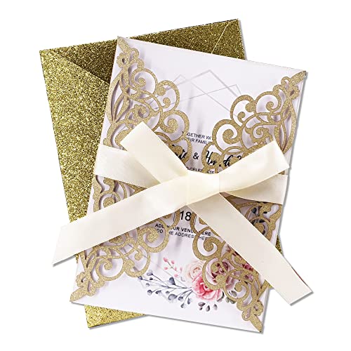 50Pcs Laser Cut Wedding Invitation With Glitter Envelopes And Ribbons Blank Personalized Card Invitaciones Para quinceañera Birthday Baby Shower Christmas Party Bridal Shower (Gold) - color: Gold