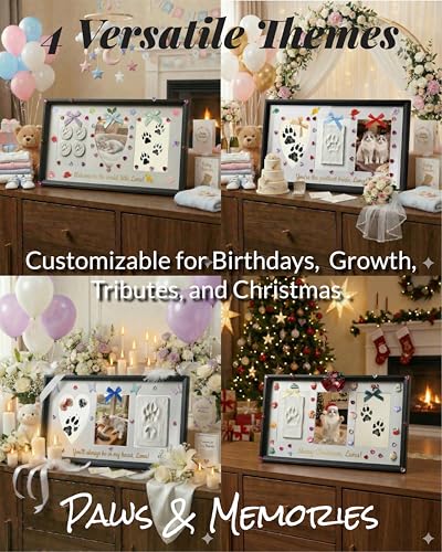 Pet Paw Print Keepsake Kit - Large High-Density MDF Wood Memorial Frame with Pet-Safe Clay & Clean-Touch Ink Pad - 3 Mats & 80+ DIY Decorations - Dog/Cat Growth Record & Pet Loss Gift, Black