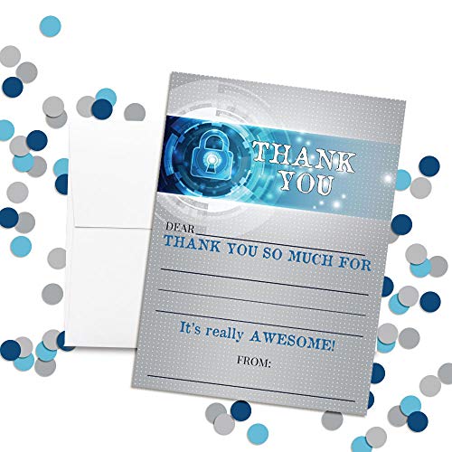 Kids Thank You Cards Escape Room Birthday Party Thank You Notes, Ten 4" x 5.5" Fill-In The Blank Cards with 10 White Envelopes by AmandaCreation - style: Kids Thank You Cards Escape Room