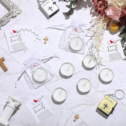 Coume 50 Set Funeral Party Favors Memorial White Candles Unscented Funeral Gifts Tealight Candles with Condolence Bereavement Cards, Organza Bags for Guest Celebration of Life Decorations (Cardinal) - style: Cardinal