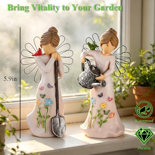 Gardening Gifts for Women - 2 Piece Unique Garden Angel Figurine | 5.9"with Watering & Shovel, Housewarming Gift for Mom Grandma Friend, Sculpted Resin Angel Statues & Friendship - style: Gardening