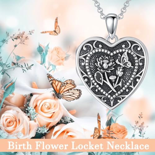 PELOVNY Birth Flower Locket Necklace for Women 925 Sterling Silver Flower Butterfly Heart Photo Locket Pendant Birthday Christmas Jewelry Gifts for Mom Daughter Wife Sister - color: 07-Lotus