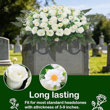 Wocst Headstone Flower Saddle,Large Artificial Cemetery Flowers for Grave Artificial Roses Daisy Saddle for Cemetery Headstone (White) - color: White