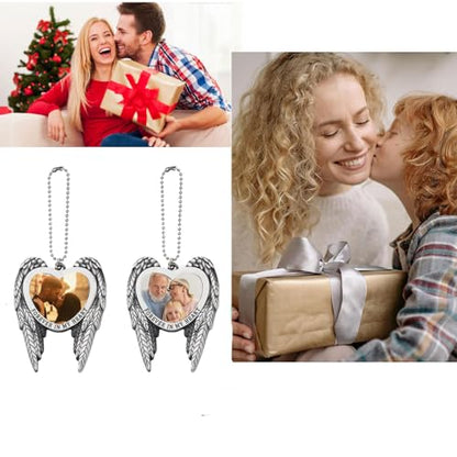 6 Set Sublimation Angel Wing Ornament Blanks Metal Love Heart Pendant Personalized Car Hanging Ornaments with Blank Photo for Home Window DIY Picture Crafts Silver