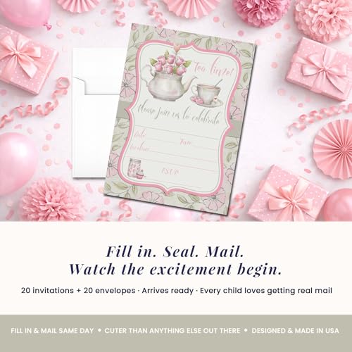 Watercolor Tea Party Theme Girls Birthday Party 20 Invitations 5x7 Fill-In Cards with Envelopes, Princess Theme Elegant Floral Design for Child Celebration, Made in USA by Amanda Creation - style: Watercolor Tea Party