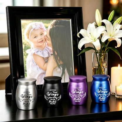 Set of 4 Small Keepsake Urns for Ashes, Angel Wings Design, Mix | Aluminum construction, Secure screw lid, Individual velvet bags, Sharing keepsakes, Travel friendly, Human or pet remembrance - color: Multicolor