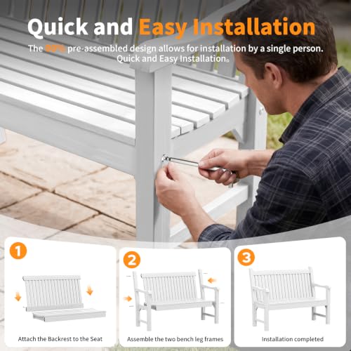 2-Person Outdoor Bench with 700 Lbs Weight Capacity, White | Poly Lumber Weatherproof Garden Bench Seating for Porch, Balcony and Park, All-Weather Patio Bench Furniture - color: White