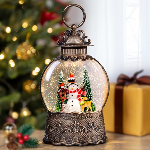 Christmas Snow Globes Lantern with Music, Snowman Snow Globes with Swirling Glitter Effects, USB/Battery Powered with 6-Hour Timer, Christmas Decorations - color: Snowman