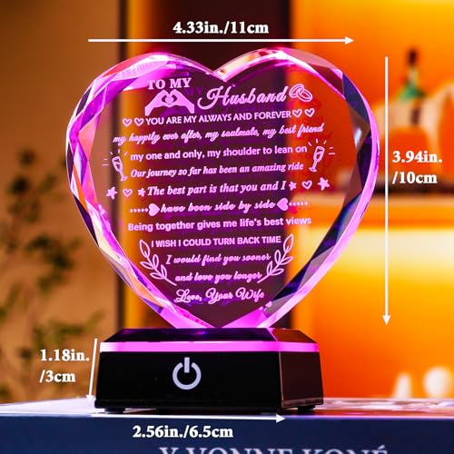 YWHL Gifts for Husband from Wife with Colorful LED Base Anniversary Birthday Gifts for Husband to My Husband Crystal Heart keepsake I Love You Gifts for Him on Valentine Christmas Fathers Day - style: Husband Gifts+ LED Base Style 1