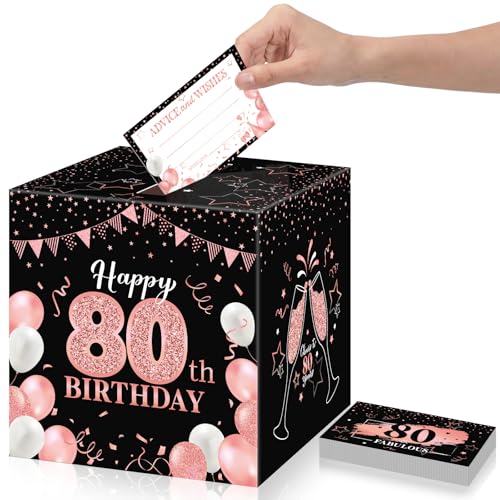 Funrous 80th Birthday Party Message Card Box Cheers to 80 Years Black Rose Gold Advice and Wishes Greeting Card Memory Box for Women Birthday Decorations Party Supplies Anniversary Tables Sign Decor - color: Rose Gold, style: 80th Birthday