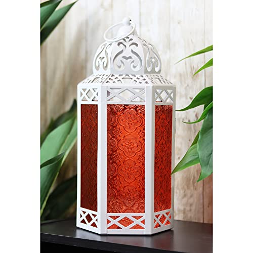 Vela Lanterns Decorative Indoor Candle Holder Table Centerpieces - Moroccan Hanging Outdoor Patio & Porch Home Decor, Turkish Lamp for Wedding, Ramadan (Large 12", White Red)