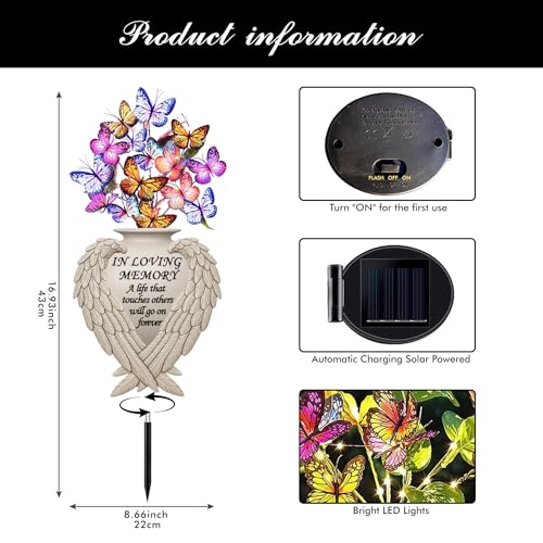 Solar Angel Wing Memorial Stake - Metal Silhouette Grave Decorations for Cemetery - Flat Outdoor Sympathy Gift with Butterfly Lights & Flowers - Bereavement Decor for Loss of Mom Dad（with Flowers)) - style: Angel Wings with Flowers