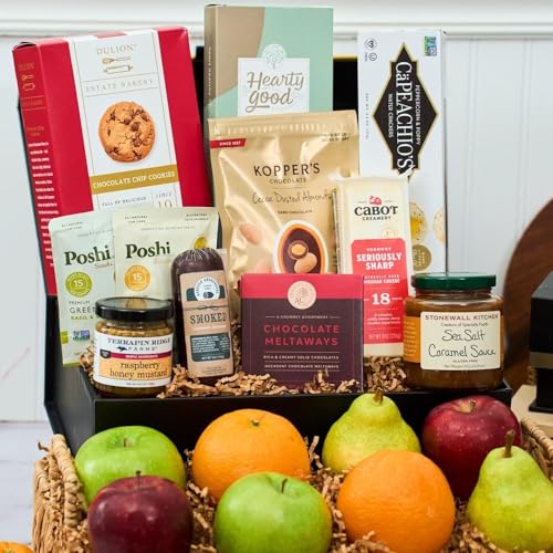 Sympathy Gift Fruit Basket of Fresh Fruits, Cheese, Meat, Chocolate, Crackers, Olives and Cookies by GourmetGiftBaskets.com