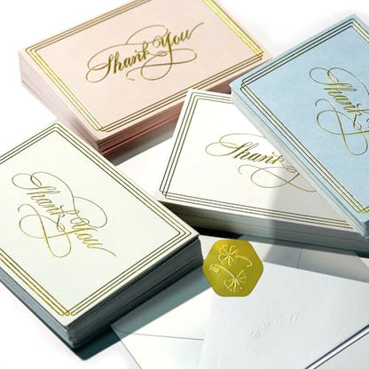 ukee's Elegant Thank You Cards, Gold Foil, 100 Cards with Envelopes | 3.5x5 Blank Notes, Quick Dry Matte Art Paper, Gold Seal Stickers, Bulk Set for Wedding, Baby Shower, Graduation, Business